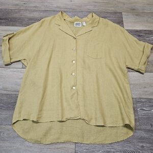 Chico's Vintage Linen Button Up Short Sleeve Blouse Butter Yellow Women's 3 XL